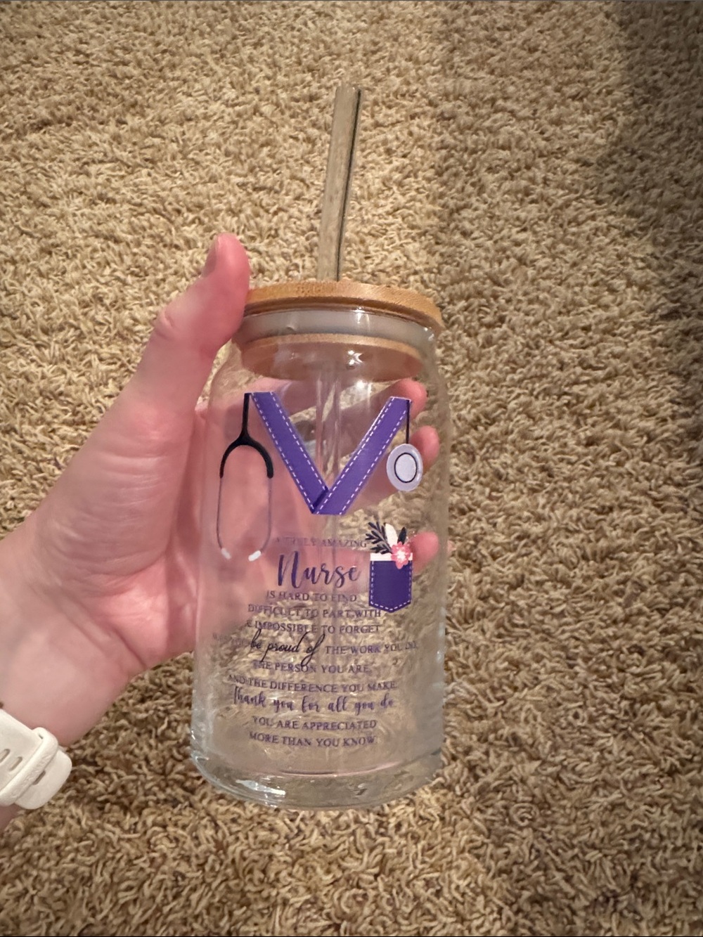 Nurse-Themed Glass Tumbler with Straw - Purple Accent